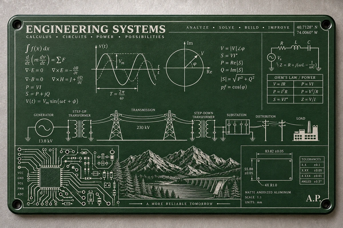 Engineering Systems wallet design preview: ivory equations, circuits, a power-grid diagram, and mountain scenery on a dark green plate